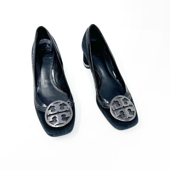 Tory Burch Frannie Reva Pumps 8.5 Black Suede Croc Trim Silver Logo Block Heels - Picture 2 of 14